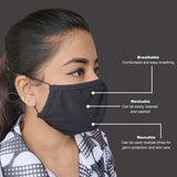 Face Mask, Washable Reusable Black Face Masks For Health Protection n Skin Care Unisex Mouth Filter Facemask, Soft Dri-Fit Handmade in India, Nose to Chin Mud & Pollution Dust Cover - SET OF 3 - Divya Mantra