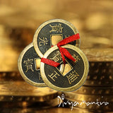 Divya Mantra Feng Shui Chinese Lucky Fortune I-Ching Dragon Coin Ornaments Wealth Charm Amulet Three Bronze Metal Coins with Hole and Red Ribbon Knot for Good Money Luck, Decoration Charms – Copper - Divya Mantra