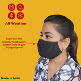 Face Mask, Washable Reusable Black Face Masks For Health Protection n Skin Care Unisex Mouth Filter Facemask, Soft Dri-Fit Handmade in India, Nose to Chin Mud & Pollution Dust Cover - SET OF 5 - Divya Mantra