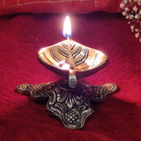 Indian Diwali Oil Lamp Pooja Diya Brass Light Puja Decorations Mandir Decoration Items Home Backdrop Decor Lamps Made in India Decorative Wicks Leaf Shaped Diyas For Wealth Luck Set of 4 - Golden - Divya Mantra