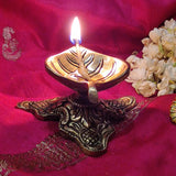 Indian Diwali Oil Lamp Pooja Diya Brass Light Puja Decorations Mandir Decoration Items Home Backdrop Decor Lamps Made in India Decorative Wicks Leaf Shaped Diyas For Wealth Luck Set of 6 - Golden - Divya Mantra