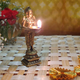 Indian Diwali Oil Lamp Pooja Diya Brass Light Puja Decorations Mandir Decoration Items Handmade Items Lamps Made in India Decorative Wicks Diyas Deep Laxmi & Mango Shape Laxmi Vilakku Set of 4 - Gold - Divya Mantra