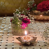 Indian Diwali Oil Lamp Pooja Diya Brass Light Puja Decorations Mandir Decoration Items Lamps Made in India Decorative Wicks Diyas Lotus Kamal Laxmi Deepam & Sri Swastik Deep Deepam Set of 8 - Gold - Divya Mantra