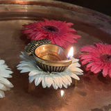 Divya Mantra Indian Diwali Oil Lamp Pooja Diya Brass Light Puja Decorations Mandir Items Handmade Home Backdrop Decor Made in India Decorative Wicks Diyas Deeplaxmi Mango Shape Vilakku Set of 3 - Gold - Divya Mantra