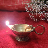 Indian Diwali Oil Lamp Pooja Diya Brass Light Puja Decorations Mandir Decoration Items Handmade Items Lamps Made in India Decorative Wicks Diyas Deep Laxmi & Sri Swastik Deep Vilakku Set of 4 - Golden - Divya Mantra