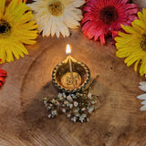 Indian Diwali Oil Lamp Pooja Diya Brass Light Puja Decorations Mandir Decoration Items Table Home Backdrop Decor Lamps Made in India Decorative Wicks Diyas Sri Swastik Deep Vilakku Set of 10 - Gold - Divya Mantra