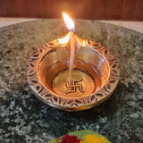 Divya Mantra Indian Diwali Oil Lamp Pooja Diya Brass Light Puja Decorations Mandir Items Handmade Home Backdrop Decor Made in India Decorative Wicks Swastik Laxmi Parrot Bell Vilakku Set Of 7 - Gold - Divya Mantra