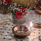 Indian Diwali Oil Lamp Pooja Diya Brass Light Puja Decorations Mandir Decoration Items Table Home Backdrop Decor Lamps Made in India Decorative Wicks Diyas Swastik Laxmi Deep Vilakku Set of 6 - Gold - Divya Mantra