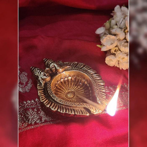 Indian Diwali Oil Lamp Pooja Diya Brass Light Puja Decorations Mandir Decoration Items Handmade Table Home Backdrop Decor Lamps Made in India Decorative Wicks Diyas Deep Laxmi Deepam Deepak - Golden - Divya Mantra