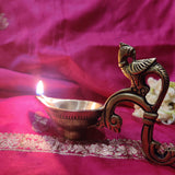 Indian Diwali Oil Lamp Pooja Diya Brass Light Puja Decorations Mandir Decoration Items Handmade Items Lamps Made in India Decorative Wicks Diyas Deep Laxmi & Parrot Handle Vilakku Set of 4 - Golden - Divya Mantra