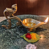 Indian Diwali Oil Lamp Pooja Diya Brass Light Puja Decorations Mandir Decoration Items Table Home Backdrop Decor Lamps Made in India Decorative Wicks Diyas Parrot Handle Vilakku Set of 4 - Golden - Divya Mantra