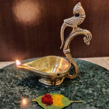 Divya Mantra Indian Diwali Oil Lamp Pooja Diya Brass Light Puja Decorations Mandir Items Handmade Home Backdrop Decor Lamps Made in India Decorative Wicks Diyas Parrot Bell Vilakku Set Of 7 - Gold - Divya Mantra