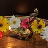Divya Mantra Indian Diwali Oil Lamp Pooja Diya Brass Light Puja Decorations Mandir Items Handmade Home Backdrop Decor Lamps Made in India Decorative Wicks Diyas Parrot Bell Vilakku Set Of 5 - Gold - Divya Mantra