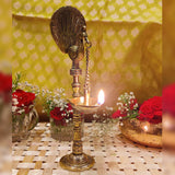 Indian Diwali Oil Lamp Pooja Diya Brass Light Puja Decorations Mandir Decoration Items Home Backdrop Decor Lamps Made in India Decorative Wicks Diyas Peacock Kuthu Vilakku Deepam Set of 6 - Golden - Divya Mantra