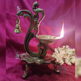 Divya Mantra Indian Diwali Oil Lamp Pooja Diya Brass Light Puja Decorations Mandir Items Handmade Home Decor Made in India Decorative Wicks Diyas Lotus Laxmi Deep Parrot Bell Vilakku Set of 5 - Gold - Divya Mantra