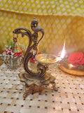 Divya Mantra Indian Diwali Oil Lamp Pooja Diya Brass Light Puja Decorations Mandir Items Handmade Home Backdrop Decor Made in India Decorative Wicks Leaf Shaped Parrot Bell Vilakku Set Of 7 - Gold - Divya Mantra