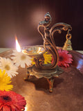 Divya Mantra Indian Diwali Oil Lamp Pooja Diya Brass Light Puja Decorations Mandir Items Handmade Home Backdrop Decor Made in India Decorative Wicks Diyas Peacock, Parrot Bell Vilakku Set Of 3 - Gold - Divya Mantra