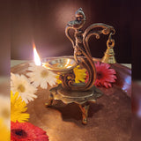 Divya Mantra Indian Diwali Oil Lamp Pooja Diya Brass Light Puja Decorations Mandir Items Handmade Home Backdrop Decor Made in India Decorative Wicks Diyas Parrot Handle Bell Vilakku Set Of 7 - Gold - Divya Mantra