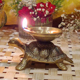 Divya Mantra Indian Diwali Oil Lamp Pooja Diya Brass Light Puja Decorations Mandir Items Handmade Home Decor Made in India Decorative Wicks Fortune Tortoise Turtle Deep Sri Swastik Deep Set Of 8 -Gold - Divya Mantra