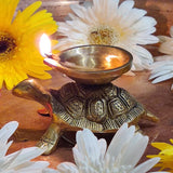 Indian Diwali Oil Lamp Pooja Diya Brass Light Puja Decorations Mandir Decoration Items Home Backdrop Decor Lamps Made in India Decorative Wicks Diyas Fortune Tortoise Turtle Deep Set of 4 - Golden - Divya Mantra