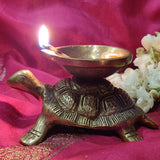 Divya Mantra Indian Diwali Oil Lamp Pooja Diya Brass Light Puja Decorations Mandir Items Handmade Home Backdrop Decor Made in India Decorative Wicks Diyas Parrot Bell Vilakku Tortoise Set Of 3 - Gold - Divya Mantra
