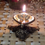 Divya Mantra Indian Diwali Oil Lamp Pooja Diya Brass Light Puja Decorations Mandir Items Handmade Home Backdrop Decor Made in India Decorative Wicks Leaf Shaped Parrot Bell Vilakku Set Of 3 - Gold - Divya Mantra