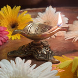 Divya Mantra Indian Diwali Oil Lamp Pooja Diya Brass Light Puja Decorations Mandir Items Handmade Home Backdrop Decor Made in India Decorative Wicks Leaf Shaped Parrot Bell Vilakku Set Of 3 - Gold - Divya Mantra