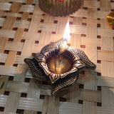 Divya Mantra Indian Diwali Oil Lamp Pooja Diya Brass Light Puja Decorations Mandir Items Handmade Home Backdrop Decor Made in India Decorative Wicks Swastik Diyas Parrot Bell Vilakku Set of 3 - Gold - Divya Mantra