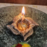 Indian Diwali Oil Lamp Pooja Diya Brass Light Puja Decorations Mandir Decoration Items Handmade Home Backdrop Table Decor Lamps Made in India Decorative Wicks Hindu Swastik Diyas Vilakku Set of 4-Gold - Divya Mantra