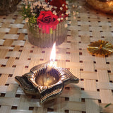 Indian Diwali Oil Lamp Pooja Diya Brass Light Puja Decorations Mandir Decoration Items Home Backdrop Table Decor Lamps Made in India Decorative Wicks Hindu Swastik Diyas Vilakku Deep Set of 10 - Gold - Divya Mantra