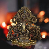 Indian Diwali Oil Lamp Pooja Diya Brass Light Puja Decorations Mandir Decoration Items Handmade Table Home Backdrop Decor Lamps Made in India Decorative Wicks Ganesh Hanging Thooku Vilakku - Gold - Divya Mantra