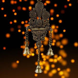 Indian Diwali Oil Lamp Pooja Diya Brass Light Puja Decorations Mandir Decoration Items Handmade Home Backdrop Decor Lamps Made in India Decorative Wicks Diyas Wall Hanging 3 Bells Thooku Vilakku -Gold - Divya Mantra