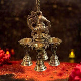 Indian Diwali Oil Lamp Pooja Diya Brass Light Puja Decorations Mandir Decoration Items Handmade Home Backdrop Decor Lamps Made in India Decorative Wicks Wall Hanging Peacock Thooku Vilakku - Gold - Divya Mantra