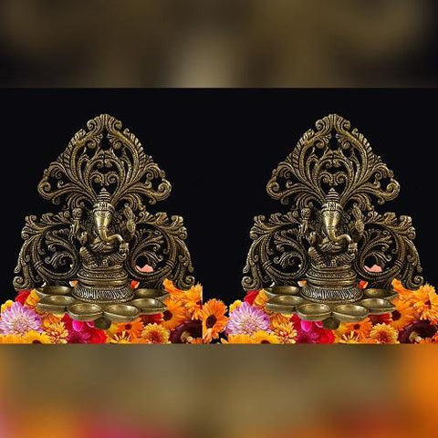 Indian Diwali Oil Lamp Pooja Diya Brass Light Puja Decorations Mandir Decoration Items Handmade Table Home Backdrop Decor Lamps Made in India Decorative Ganesh Hanging Thooku Vilakku Set of 2 - Gold - Divya Mantra