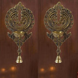Indian Diwali Oil Lamp Pooja Diya Brass Light Puja Decorations Mandir Decoration Items Handmade Home Backdrop Decor Lamps Made in India Decorative Wall Hanging Bell Thooku Vilakku Set of 2 - Gold - Divya Mantra