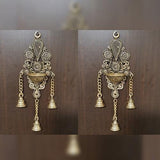 Indian Diwali Oil Lamp Pooja Diya Brass Light Puja Decorations Mandir Decoration Items Handmade Home Backdrop Decor Lamps Made in India Decorative Wall Hanging 3 Bells Thooku Vilakku Set of 2 - Gold - Divya Mantra