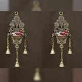 Indian Diwali Oil Lamp Pooja Diya Brass Light Puja Decorations Mandir Decoration Items Handmade Home Backdrop Decor Lamps Made in India Decorative Wall Hanging 3 Bells Thooku Vilakku Set of 2 - Gold - Divya Mantra