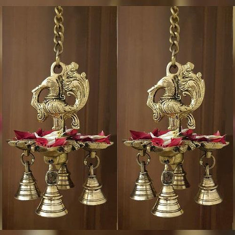 Indian Diwali Oil Lamp Pooja Diya Brass Light Puja Decorations Mandir Decoration Items Handmade Home Backdrop Decor Lamps Made in India Decorative Wall Hanging Peacock Thooku Vilakku Set of 2 - Gold - Divya Mantra