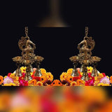 Indian Diwali Oil Lamp Pooja Diya Brass Light Puja Decorations Mandir Decoration Items Handmade Home Backdrop Decor Lamps Made in India Decorative Wall Hanging Peacock Thooku Vilakku Set of 2 - Gold - Divya Mantra