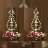 Indian Diwali Oil Lamp Pooja Diya Brass Light Puja Decorations Mandir Decoration Items Handmade Home Backdrop Decor Made in India Decorative Wall Hanging Wicks Diyas Thooku Vilakku Set of 2 - Gold - Divya Mantra