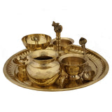 Decorative Pooja Thali Set Brass Decor Mandir Ethnic Puja Items  Bhog Plate For Indian Festivals Diwali Navratri Ganesh Chaturthi Teej Sri Laxmi Durga Radha Krishna Shiva Hanuman Sai Pujan (M) - Gold - Divya Mantra