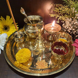Decorative Pooja Thali Set Brass Decor Mandir Ethnic Puja Items  Bhog Plate For Indian Festivals Diwali Navratri Ganesh Chaturthi Teej Sri Laxmi Durga Radha Krishna Shiva Hanuman Sai Pujan (M) - Gold - Divya Mantra