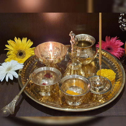 Decorative Pooja Thali Set Brass Decor Mandir Ethnic Puja Items  Bhog Plate For Indian Festivals Diwali Navratri Ganesh Chaturthi Teej Sri Laxmi Durga Radha Krishna Shiva Hanuman Sai Pujan (L) - Gold - Divya Mantra