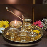 Decorative Pooja Thali Set Brass Decor Mandir Ethnic Puja Items  Bhog Plate For Indian Festivals Diwali Navratri Ganesh Chaturthi Teej Sri Laxmi Durga Radha Krishna Shiva Hanuman Sai Pujan (L) - Gold - Divya Mantra