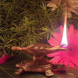 Indian Diwali Oil Lamp Pooja Diya Brass Light Puja Decorations Mandir Decoration Items Handmade Table Home Backdrop Decor Lamps Made in India Decorative Wicks Tortoise Turtle Leaf Vilakku - Golden - Divya Mantra