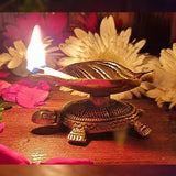 Indian Diwali Oil Lamp Pooja Diya Brass Light Puja Decorations Mandir Decoration Items Handmade Table Home Backdrop Decor Lamps Made in India Decorative Tortoise Turtle Leaf Vilakku Set of 20 - Gold - Divya Mantra