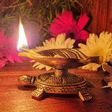 Indian Diwali Oil Lamp Pooja Diya Brass Light Puja Decorations Mandir Decoration Items Items Lamps Made in India Decorative Wicks Diyas Deep Laxmi & Tortoise Turtle Leaf Vilakku Set of 4 - Golden - Divya Mantra