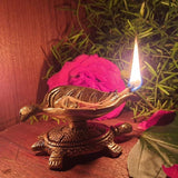 Indian Diwali Oil Lamp Pooja Diya Brass Light Puja Decorations Mandir Decorative Items Lamps Made in India Decorative Wicks Diyas Sri Swastik Deep Deepam Tortoise Turtle Leaf Vilakku Set of 4 - Gold - Divya Mantra