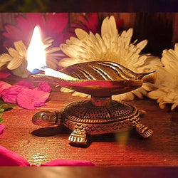 Indian Diwali Oil Lamp Pooja Diya Brass Light Puja Decorations Mandir Decoration Items Handmade Table Home Backdrop Decor Lamps Made in India Decorative Wicks Tortoise Turtle Leaf Vilakku - Golden - Divya Mantra