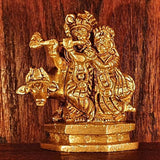 Radha Krishna Idol Home Temple Decor Mandir Room Decoration Accessories Indian Hindu Pooja Murti Sri Radhakrishna with Cow God Brass Statue Puja Articles Interior Decorative Showpiece - Golden - Divya Mantra